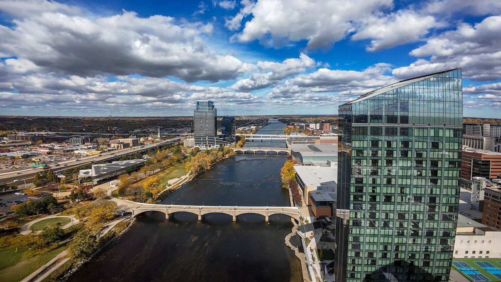 Downtown Grand Rapids and the Grand River from above