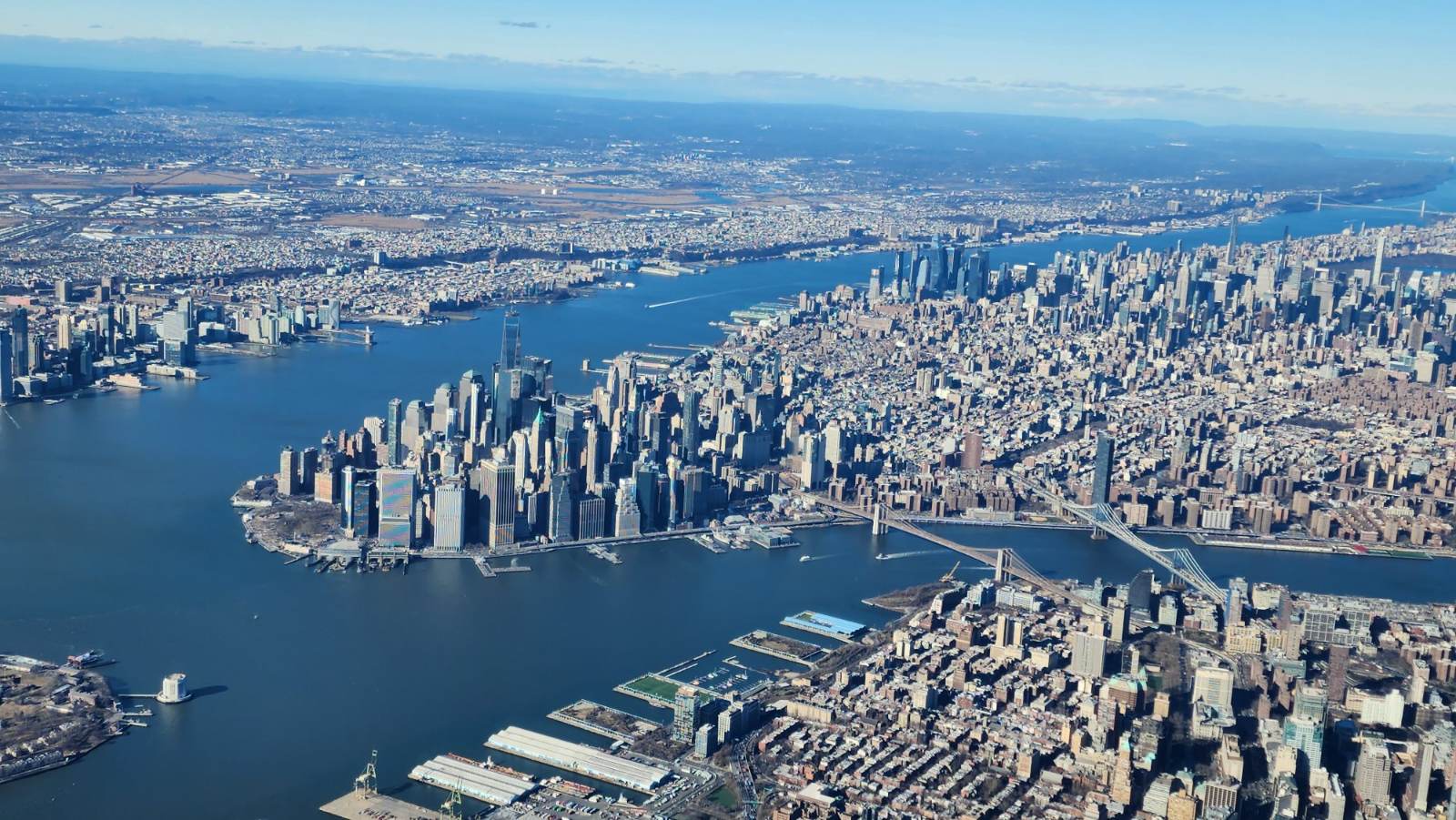 Lower Manhattan and the East River bridges from the air