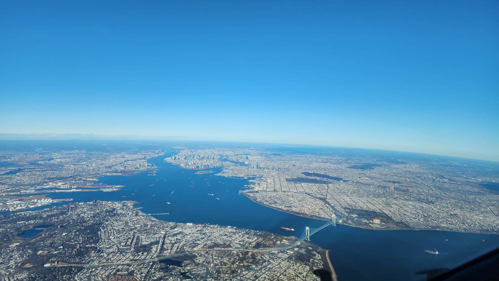 New York Harbor and the Verrazzano-Narrows Bridge from altitude