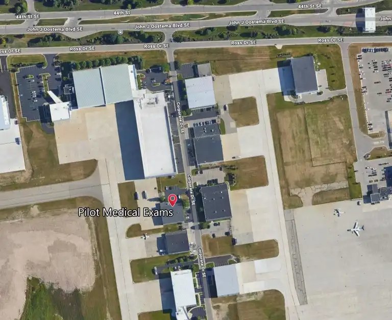 Aerial map showing the Pilot Medical Exams office on Corporate Drive SE, south of 44th Street at Gerald R. Ford International Airport