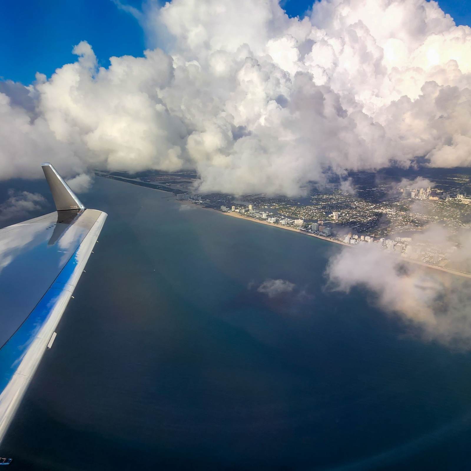 Wing over a coastline at cruise altitude