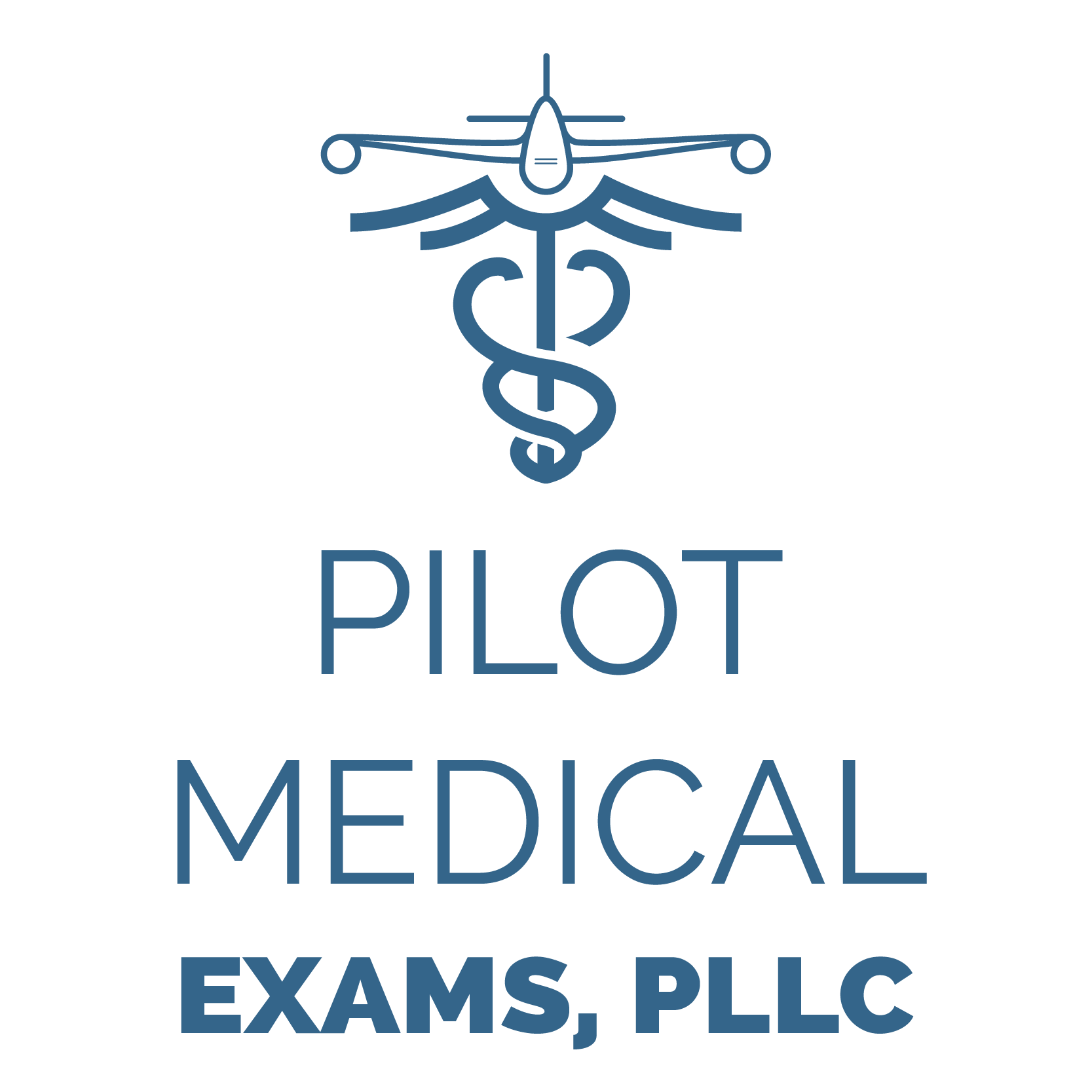 Stacked square logo for Pilot Medical Exams, PLLC, featuring a professional design representing FAA aviation medical services.